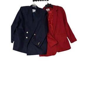 Two 100% Wool Blazers Bankers Club Navy Gold Button & Red Streetwear Size 14 Lot